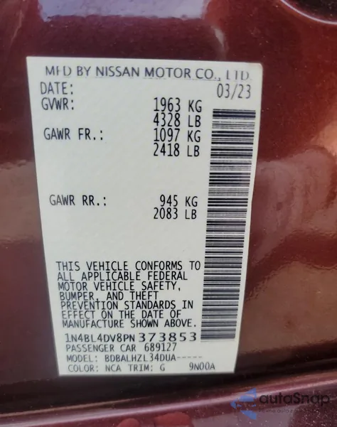 2023 Nissan Altima Sv из США, поврежденный, VIN 1N4BL4DV8PN373853